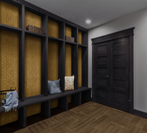 Anteroom in dark wood combined with textured velvety honeycomb panels in curry