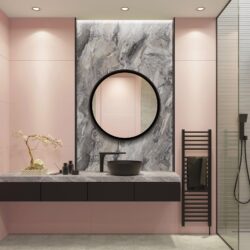 Modernes Badezimmmer mit einer Designplatte im hellen Marmorlook, davor schwarze Armaturen