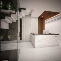 Reception of a hotel clad with matte marble slabs
