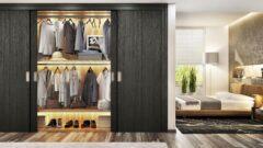 Sliding door cabinet with black textured wood decor panels