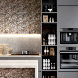 Furniture front with textured decor panel in vintage look in modern kitchen