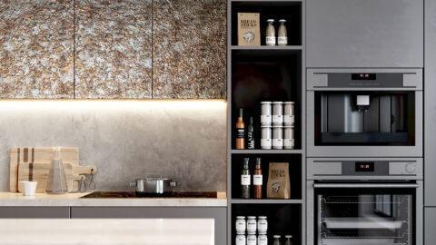 Möbelfront mit strukturierter Dekorplatte im Vintage-Look in moderner Küche