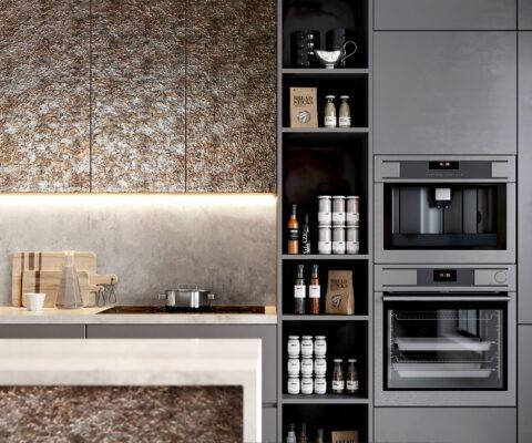 Möbelfront mit strukturierter Dekorplatte im Vintage-Look in moderner Küche