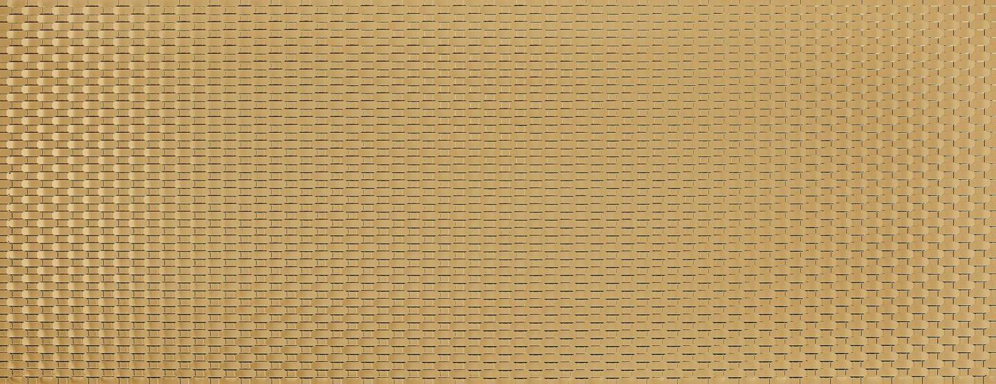 Ganzplattenfoto einer spiegelnden, goldenen Dekorplatte im Rattanlook