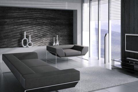 Futuristisches Wohnzimmer mit Nischenverkleidung ausgestattet mit schwarzen verkohlten Holzdekorpaneelen