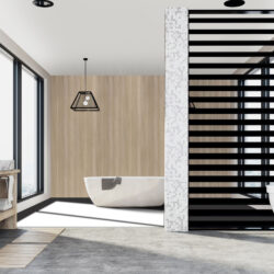 Fugenlose Wandverkleidung im Badezimmer im hellen Holzdekor, davor weiße freistehende Badewanne