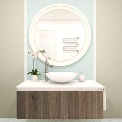 Bathroom dresser with wooden panels as furniture front