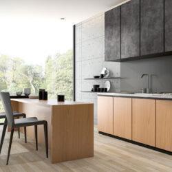 Modern kitchen with fronts in wood and dark gray decor