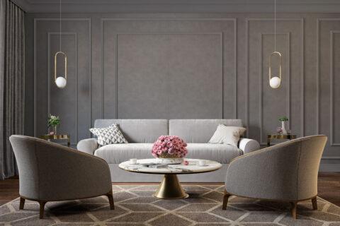 Living room in gray tones. Wall in dark gray leather look