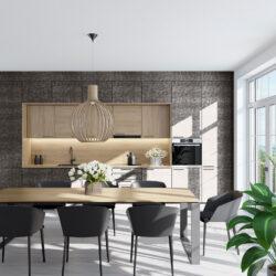 Dining room with dark armchairs and light wooden table, in the background a kitchen with dark gray fronts