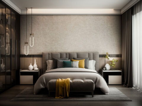 Bettrückwand Hotelzimmer im beigefarbenem Lederlook