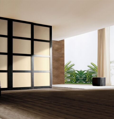 Open space with beige leather look wall elements