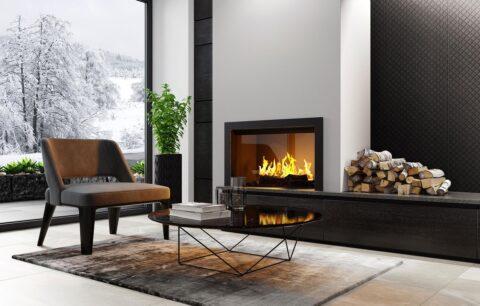 Living room with fireplace and black, white wall covering