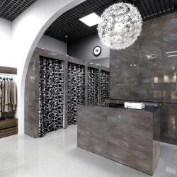 Clothing store with high gloss gray marble look decorations