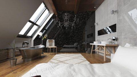 Loft with high-gloss black marble wall paneling, freestanding bathtub in front of it