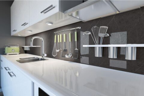 Bright reception area of an office with high gloss marble fronts