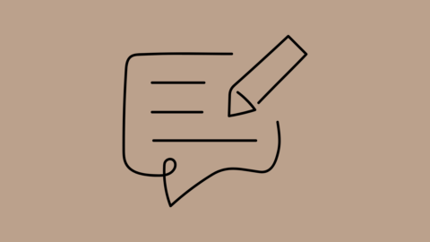 Speech bubble with pen icon in black on beige background