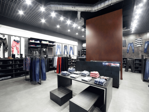 Clothing shop with dark furnishings and panel in dark wood look in the centre