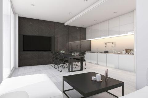 Bright living-dining room with high gloss grey marble wall panels