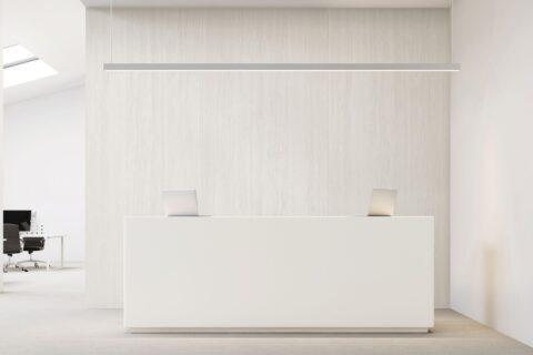 Empfangsbereich im minimalistischem weißen Stil. Rezeptionstheke mit weiß matter Oberfläche, dahinter strukturierte Dekorpaneele im Holzlook