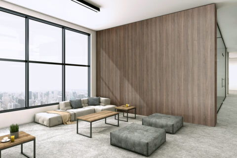 Lounge area in a hotel,with wood look wall panels
