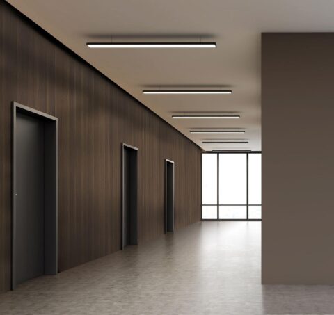 minimalist hotel corridor, equipped with wall panels in wood look