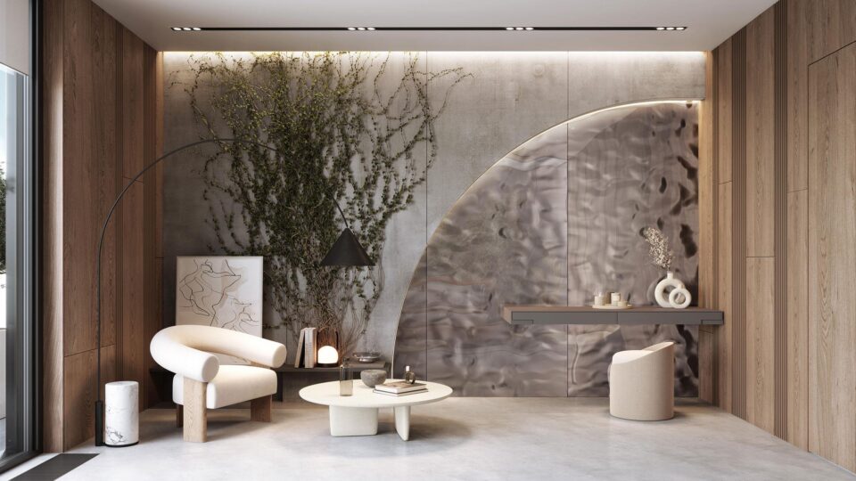 Living room with light-coloured furniture and wall decoration in a wavy mirror look