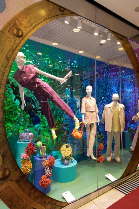 Schaufenster mit blau grünem Hintergrund stellt Unterwasserwelt dar