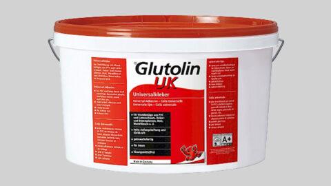 weißer Spachtelkleberkübel mit großteils rotem Aufdruck