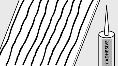 Symbol zeigt eine Dekorplattenrückseite mit Kleberbahnen, daneben eine Klebertube