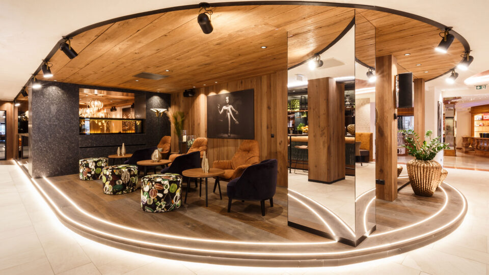 Silver-coloured mirror in the modern bar area on the wall