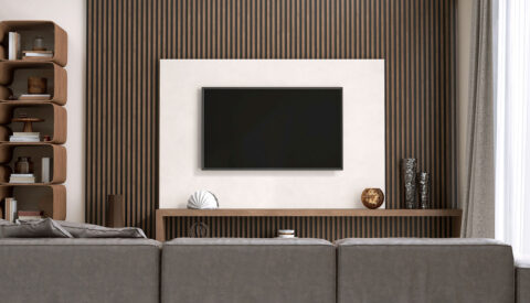 TV area behind black TV in a smooth white leather decor with leather grain