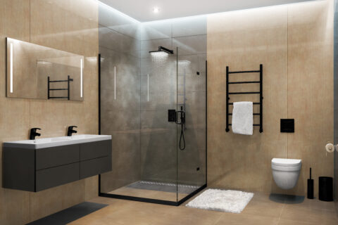 Bathroom with modern furnishings and black accessories