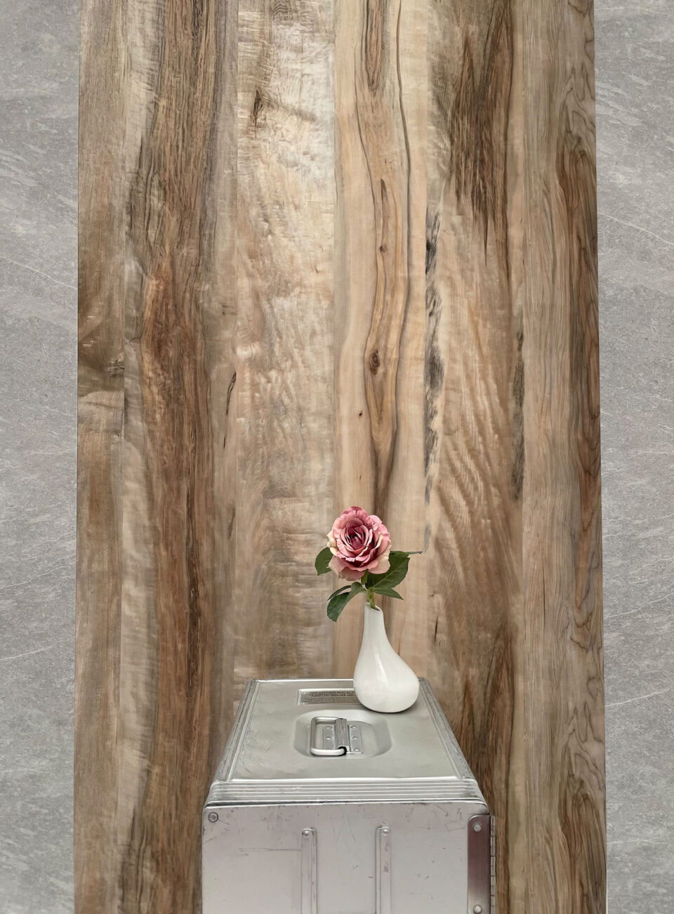 Rollcontrainer in grau vor einem holzernem Hintergrund