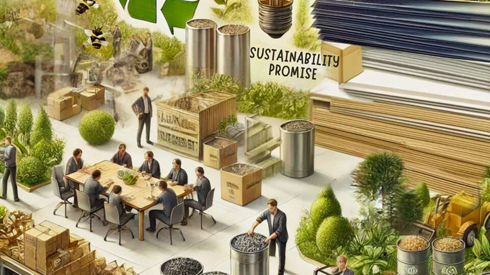 Zeichnung zeigt ein Wimmelbild mit vielen Aspekten zum Thema Nachhaltigkeit.