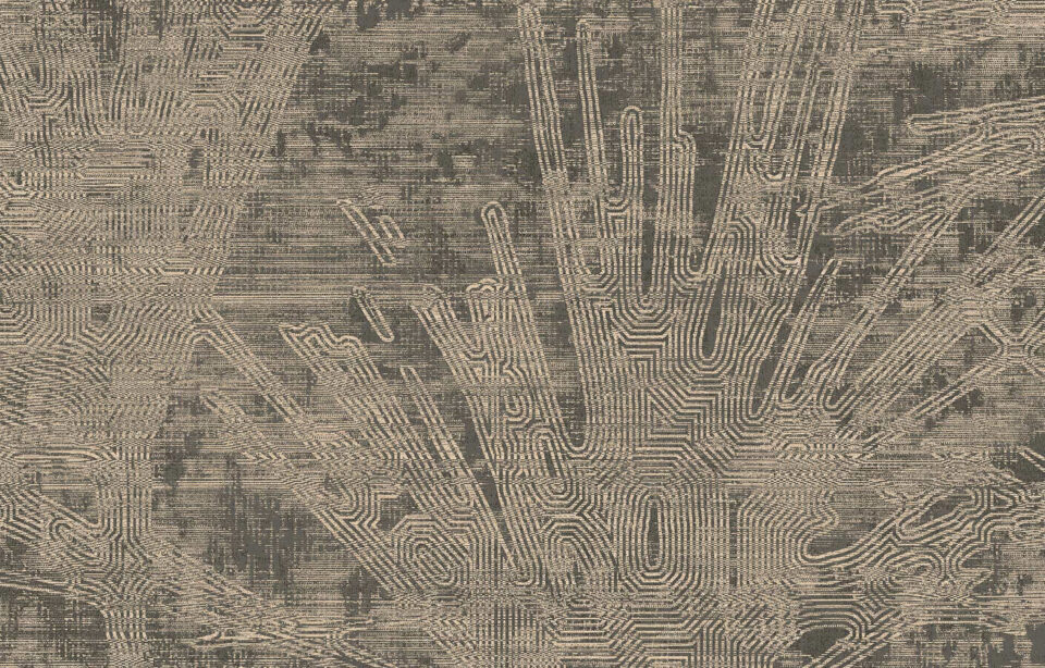 Detailaufnahme Tapete - Künstlerisch gestaltete Linien die teilweise einemLabyrinth ähneln in hellen Cremetönen auf grauen Tapetenfasern.