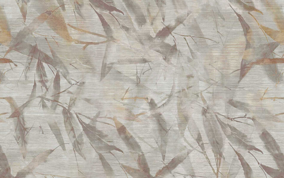 Nahaufnahme Tapete, feine horizontale Leinenoptik im Hintergrund und Abstrakten Blättern in grau und Rottönen.