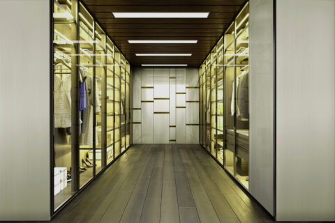 Cupboard space clad with the DM Green Steel design panel