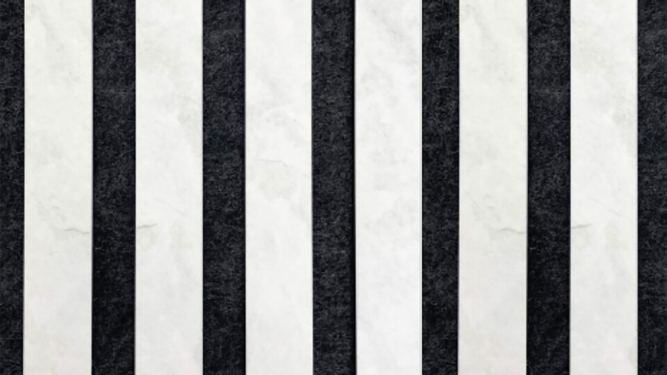 Close-up of an acoustic panel with evenly spaced vertical stripes. The raised stripes resemble white limestone, while the background appears matte black.