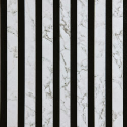 Detailed shot of a sound-absorbing acoustic panel. The surface is black and features elegant, white, marble-like stripes.