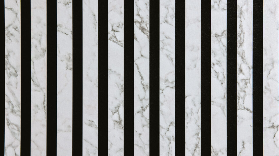Detailed shot of a sound-absorbing acoustic panel. The surface is black and features elegant, white, marble-like stripes.