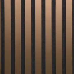 Close-up of a sound-absorbing acoustic panel. The surface is black and features elegant, reflective, rose-gold stripes.