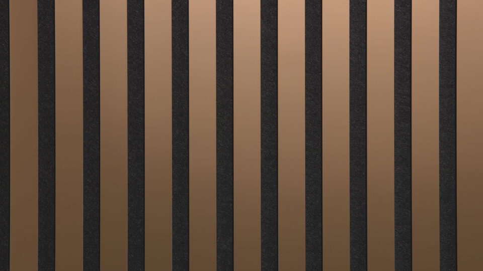 Close-up of a sound-absorbing acoustic panel. The surface is black and features elegant, reflective, rose-gold stripes.