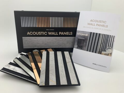 Produktfoto der ACOUSTIC WALL PANELS Kollektionsbox, samt Muster und Katalog